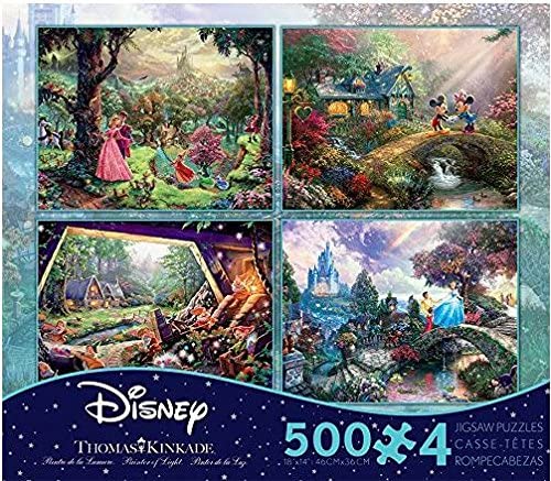 Ceaco Thomas Kinkade - The Disney Collection 4 in 1 Multi-Pack 500 Pieces Each Puzzle (Sleeping Beauty, Mickey & Minnie Mouse, Snow White & Seven Dwarfs and Cinderella)