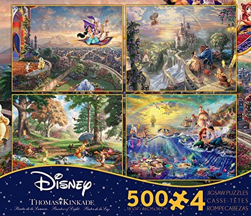 Ceaco Thomas Kinkade 4-in-1 Multi Pack Disney Puzzles (500 Piece) - Aladdin, Beauty & The Beast, Little Mermade, Winnie the Pooh
