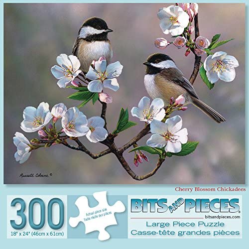 Bits and Pieces - 300 Large Piece Puzzle - Cherry Blossom Chickadees - Spring Birds by Artist Russell Cobane