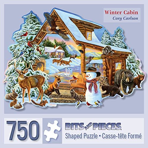 Bits and Pieces - 750 Piece Shaped Jigsaw Puzzle for Adults - Winter Cabin - 750 pc Snowman Forest Animals Jigsaw by Artist Cory Carlson