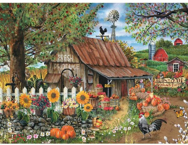 Bits and Pieces - 500 Piece Jigsaw Puzzle - Bountiful Meadows Farm - Sunflowers Pumpkins Farm Scene by Artist Thomas Wood
