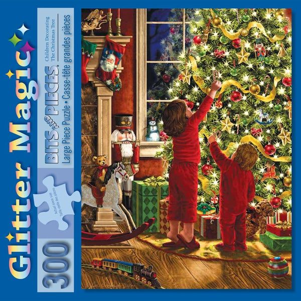 Bits and Pieces - 300 Large Piece Glitter Jigsaw Puzzle - Children Decorating the Christmas Tree by Artist Liz Goodrick Dillon - Family Holiday Fun
