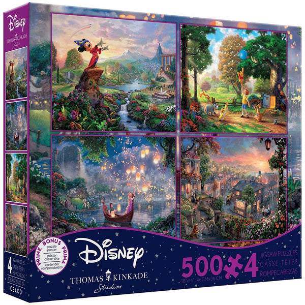 Thomas Kinkade Fantasia Lady & The Tramp Winnie The Pooh Tangled Disney Dreams Collection 4 In 1 Jigsaw Puzzle Set 500 Pieces