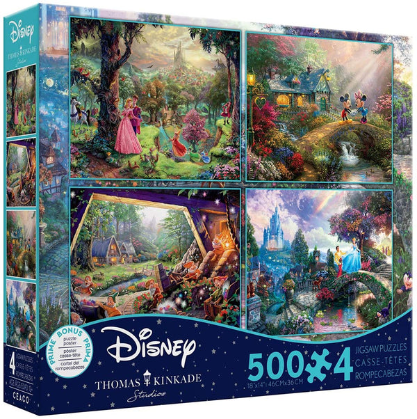 Ceaco Thomas Kinkade - The Disney Collection 4 in 1 Multi-Pack 500 Pieces Each Puzzle (Sleeping Beauty, Mickey & Minnie Mouse, Snow White & Seven Dwarfs and Cinderella)