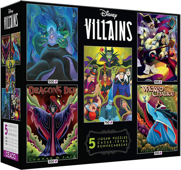 Ceaco - Disney Villains 5 in 1 Multipack Jigsaw Puzzle Bundle Set, (2) 300 Piece, (2) 500 Piece, (1) 750 Piece, Kids and Adults