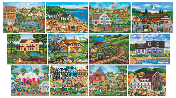 Masterpieces Puzzle 12 Pack Folk Art 12 Pack Bundle Puzzles (100 x4, 300 x4 & 500 x4)