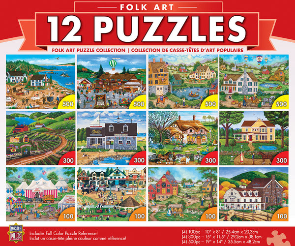Masterpieces Puzzle 12 Pack Folk Art 12 Pack Bundle Puzzles (100 x4, 300 x4 & 500 x4)