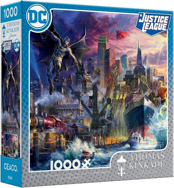 Harlington - DC Comics - Justice League Showdown at Gotham City Pier by Thomas Kinkade Jigsaw Puzzle (1000 Pieces)