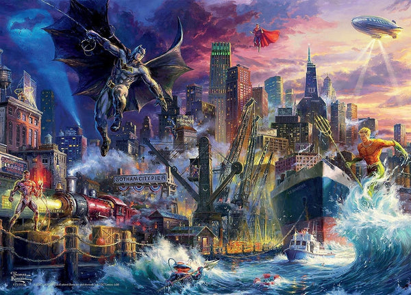 Harlington - DC Comics - Justice League Showdown at Gotham City Pier by Thomas Kinkade Jigsaw Puzzle (1000 Pieces)