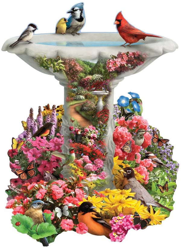 Bits and Pieces - 750 Piece Shaped Puzzle - Garden Birdbath Busy Bird Fountain - by Artist Alan Giana - 750 pc Jigsaw