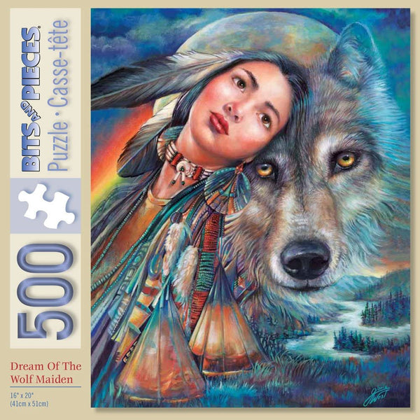 Bits and Pieces - Dream of The Wolf Maiden 500 Piece Jigsaw Puzzle - Native American Wolf by Artist Gloria West