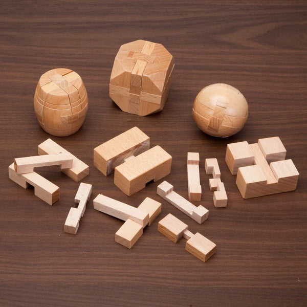 Mini Wood Brain Teaser Set of Four-Classic Designed Light Wood Stain - Wooden Brainteaser Puzzles & Fun Gifts