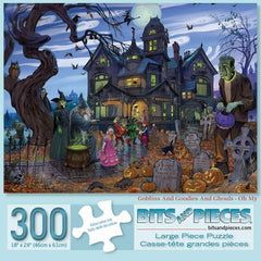 Bits and Pieces - 300 Piece Jigsaw Puzzle 18" X 24" - Goblins and Goodies and Ghouls - Oh My - Haunted House Halloween Trick or Treat Jigsaw by Artist K. Sean Sulivan