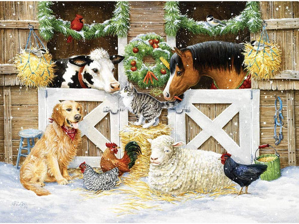 Bits and Pieces - 300 Piece Jigsaw Puzzle for Adults 18" X 24" - Christmas Barn - 300 pc Animal Christmas Holiday Jigsaws by Artist Kathy Goff
