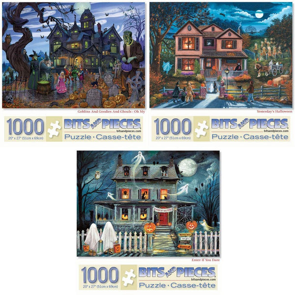 Bits and Pieces - Value Set of 3 1000 Piece Jigsaw Puzzles for Adults - Each Puzzle Measures 20 Inch x 27 Inch - 1000 pc Goblins and Goodies, Halloween, Enter If You Dare Jigsaws by Multiple Artist