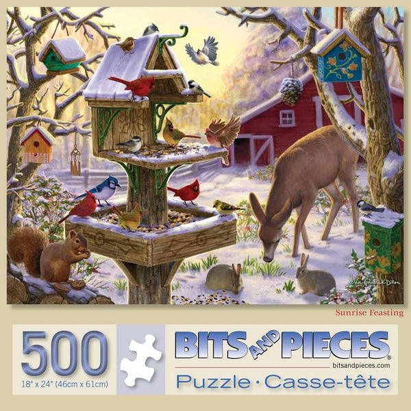 Bits and Pieces - 500 Piece Puzzle - Sunrise Feasting - Animals Winter Scene by Artist Liz Goodrick-Dillon