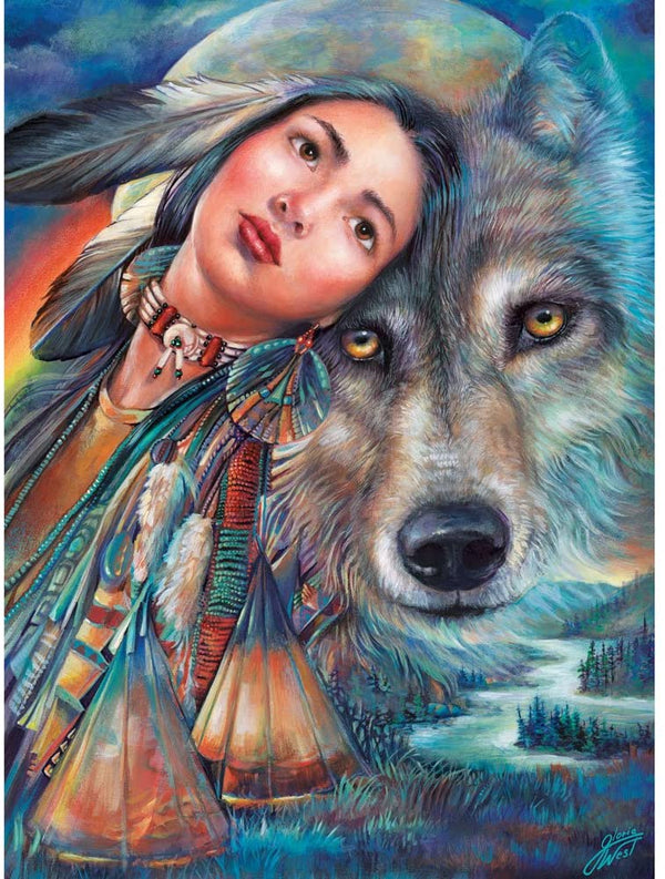 Bits and Pieces - Dream of The Wolf Maiden 500 Piece Jigsaw Puzzle - Native American Wolf by Artist Gloria West