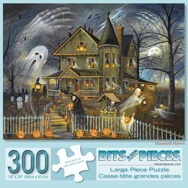 Bits and Pieces - 300 Large Piece Jigsaw Puzzle for Adults - Haunted Haven - Halloween Jack-o-Lanterns by Artist Ruane Manning