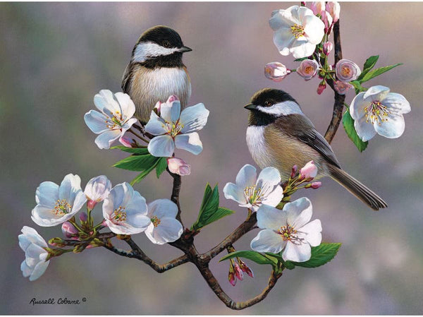 Bits and Pieces - 300 Large Piece Puzzle - Cherry Blossom Chickadees - Spring Birds by Artist Russell Cobane