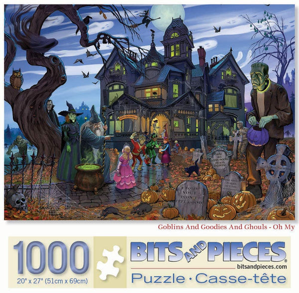 Bits and Pieces - 1000 Piece Jigsaw Puzzle 20" x 27" - Goblins and Goodies and Ghouls - Oh My - Haunted House Halloween Trick or Treat by Artist K. Sean Sulivan