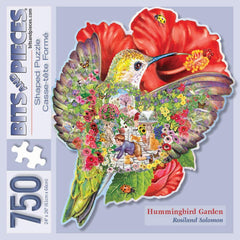 Bits and Pieces - 750 Shaped Piece Jigsaw Puzzle 20" x 27" - Hummingbird Garden - Blossoms, Birds and Butterflies and Several Playful Cats by Artist Rosiland Solomon