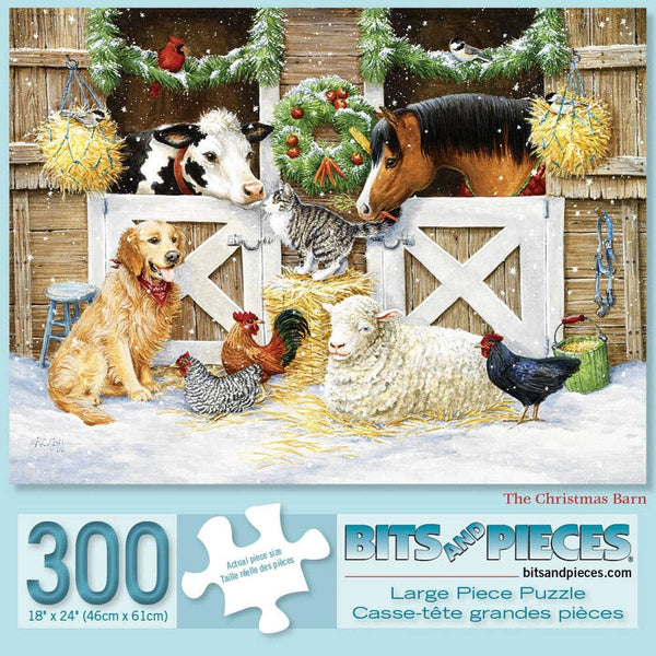 Bits and Pieces - 300 Piece Jigsaw Puzzle for Adults 18&quot; X 24&quot; - Christmas Barn - 300 pc Animal Christmas Holiday Jigsaws by Artist Kathy Goff