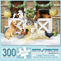 Bits and Pieces - 300 Piece Jigsaw Puzzle for Adults 18" X 24" - Christmas Barn - 300 pc Animal Christmas Holiday Jigsaws by Artist Kathy Goff