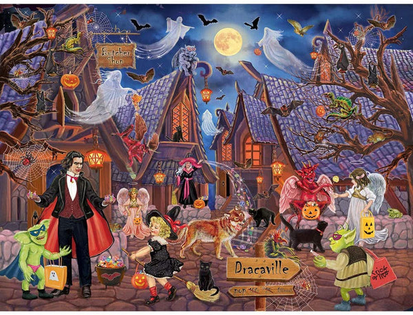 Bits and Pieces - 1000 Piece Jigsaw Puzzle 20" x 27" - Haunted Halloween Village - Haunted House Halloween Trick or Treat by Artist Rosiland Solomon