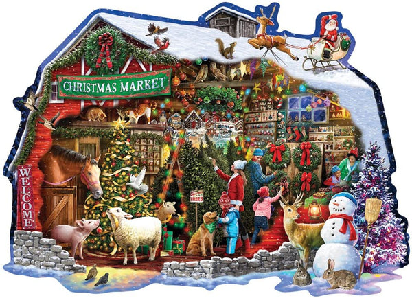 Bits and Pieces - 750 Piece Shaped Jigsaw Puzzle - Christmas Barn - Santa Winter Holiday Jigsaw by Artist Larry Jones