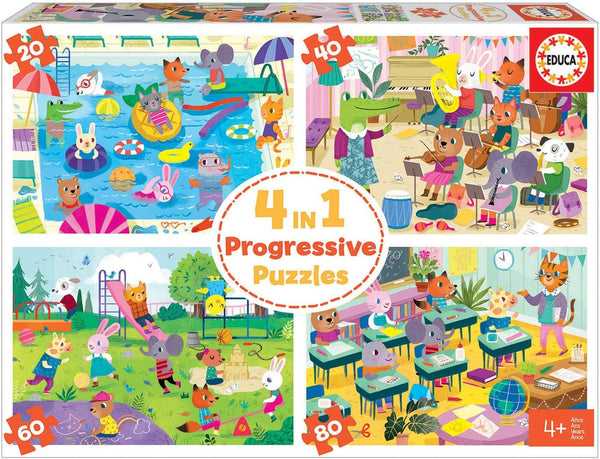 Educa - 4 Progressive Puzzles: Day In School 20+40+60+80pc Jigsaw Puzzle (200 Pieces)