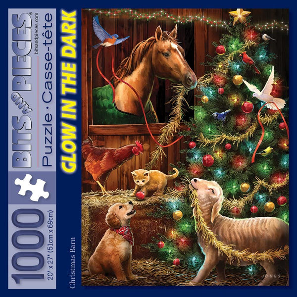 Bits and Pieces - 1000 Piece Glow-in-the-Dark Puzzle - Christmas Barn - Animals Christmas Holiday Jigsaw by Artist Larry Jones