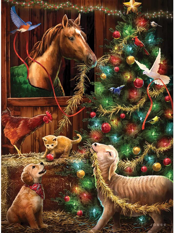 Bits and Pieces - 1000 Piece Glow-in-the-Dark Puzzle - Christmas Barn - Animals Christmas Holiday Jigsaw by Artist Larry Jones