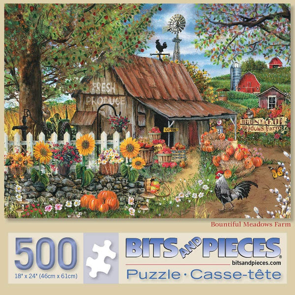 Bits and Pieces - 500 Piece Jigsaw Puzzle - Bountiful Meadows Farm - Sunflowers Pumpkins Farm Scene by Artist Thomas Wood