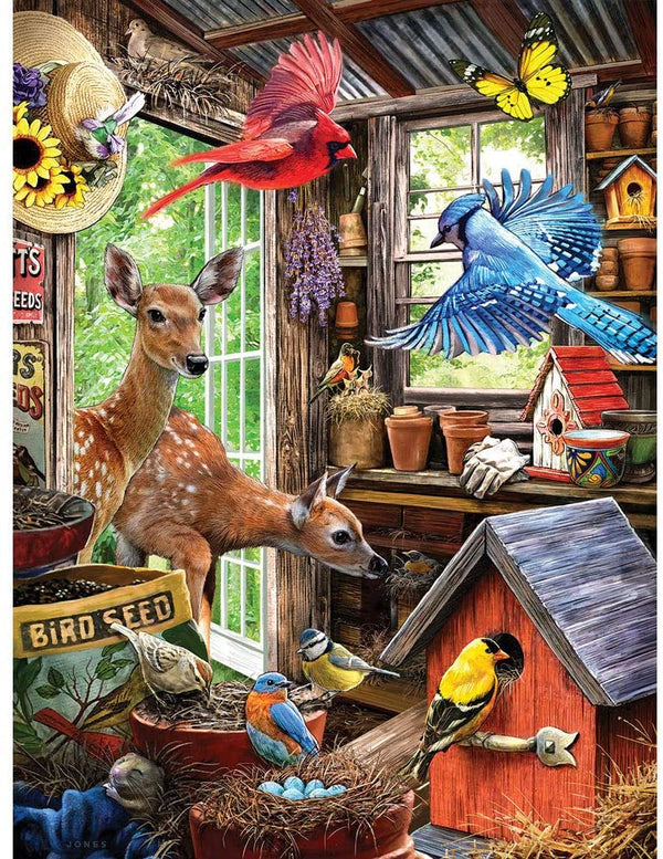 Bits and Pieces - 300 Piece Jigsaw Puzzle 18" x 24" - Nesting in The Shed - Coundry Garden Shed Animal Nature Bird Farm Doe Wildlife Birdhouse by Artist Larry Jones