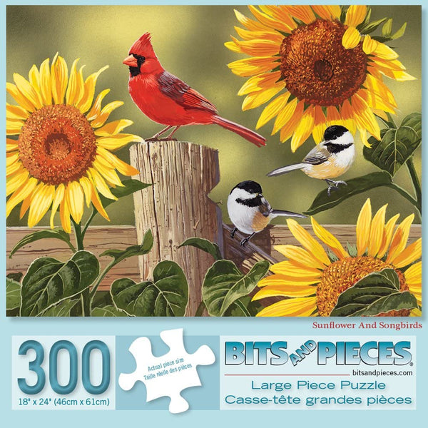 Bits and Pieces - 300 Large Piece Jigsaw Puzzle - Sunflower and Songbirds - Cardinal by Artist William Vanderdasson