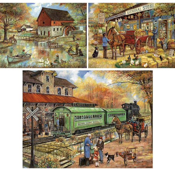 Bits and Pieces - Value Set of Three (3) 300 Piece Jigsaw Puzzles for Adults - Each Puzzle Measures 18" X 24" - 300 pc The Old Mill Pond, General Store, Home to Lambertville Jigsaws by Artist Ruane Manning