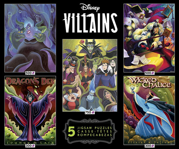 Ceaco - Disney Villains 5 in 1 Multipack Jigsaw Puzzle Bundle Set, (2) 300 Piece, (2) 500 Piece, (1) 750 Piece, Kids and Adults