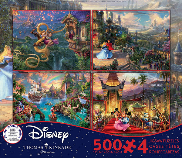 Ceaco - Thomas Kinkade Disney Multipack 4 x 500 pc Puzzles, Tangled, Sleeping Beauty, Peter Pan, Mickey & Minnie