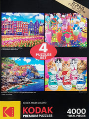 Kodak Premium Puzzles - Multipack 4-in-1 Jigsaw Puzzles ( 4 x 1000 pieces) - Traditional Old Buildings Amsterdam, Sugary Shakes, Cinque Terre Italy, Sneaky Kats 2