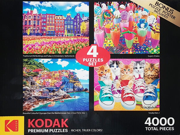 Kodak Premium Puzzles - Multipack 4-in-1 Jigsaw Puzzles ( 4 x 1000 pieces) - Traditional Old Buildings Amsterdam, Sugary Shakes, Cinque Terre Italy, Sneaky Kats 2