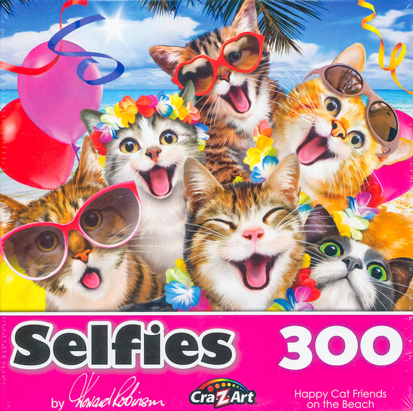 Selfies - Happy Cat Friends on the Beach 300 Piece Jigsaw Puzzle by Howard Robinson